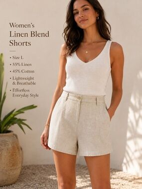 TGLA women’s linen-blend tailored shorts in a natural beige/linen color.